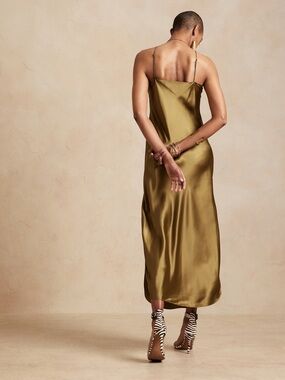 Banana Republic 100% Silk Maxi Slip Dress Bronze Olive Quiet Luxury Petite S